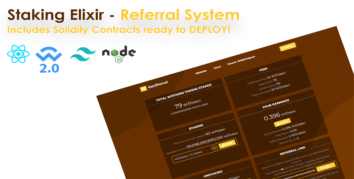 Staking Elixir Web3 with Referral System - React & Solidity